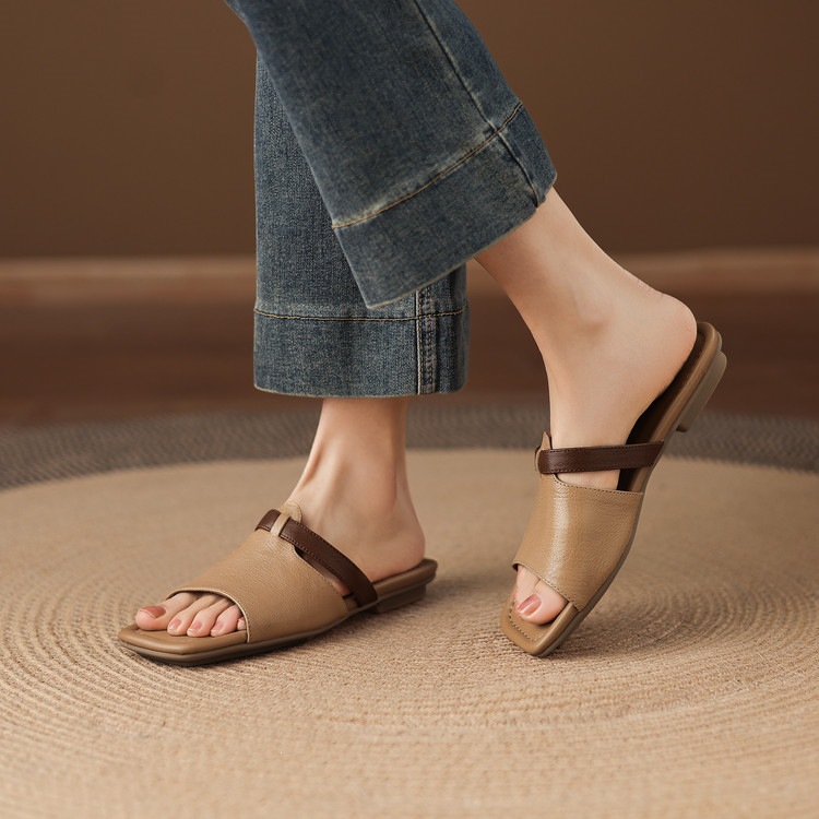 Dép sandal nữ xỏ ngón đế bệt phối màu hở mũi thời trang — màu trắng ngà, màu mơ chi tiết 75