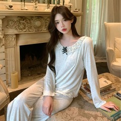 法式新款睡衣莫代尔舒适低圆领长袖人棉针织衫女士长袖家居服套装