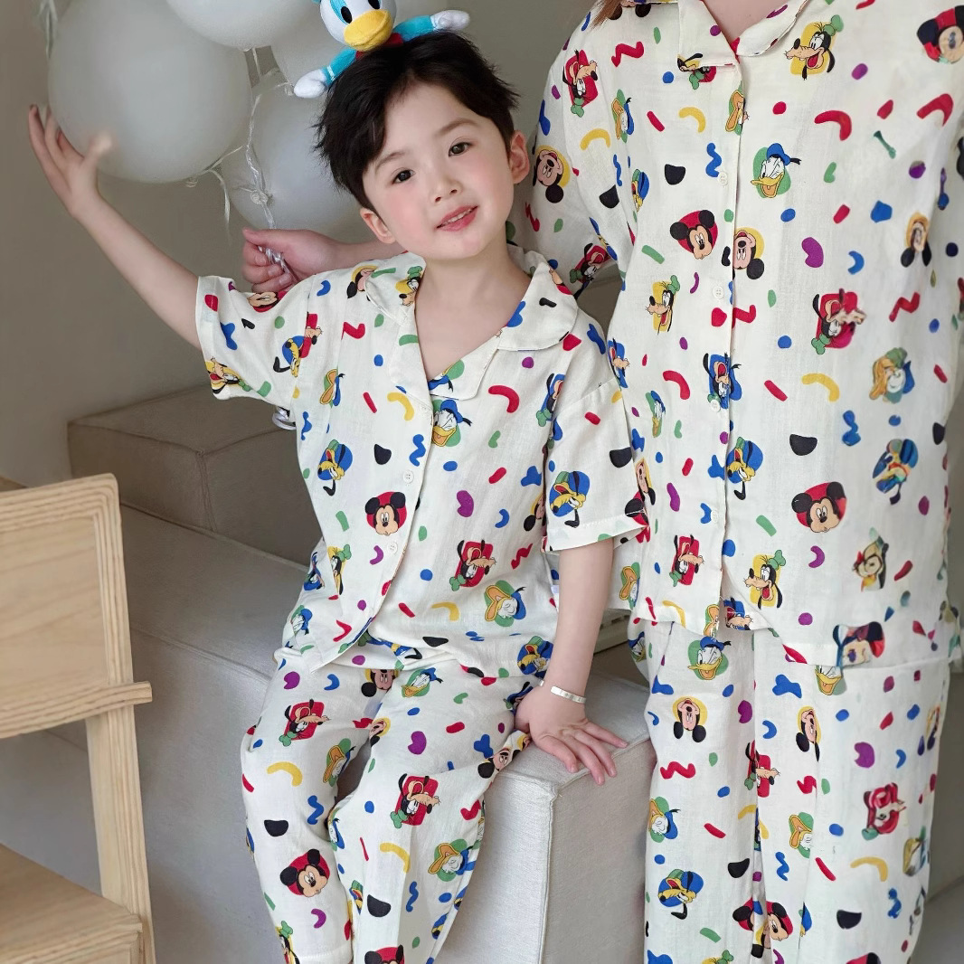 Children's Summer Pajamas, Class A, Thin Short-Sleeved, Unisex, Parent-Child Matching, Double-Layer Gauze, Cute Style for Babies, Air-Conditioned Wear
