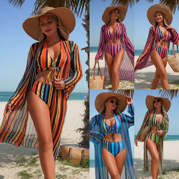 Mingyi European and American Fashion Stripesd New Fashion Swimsuit Three-Piece Cover-Up Bikini Bikini Swimsuit
