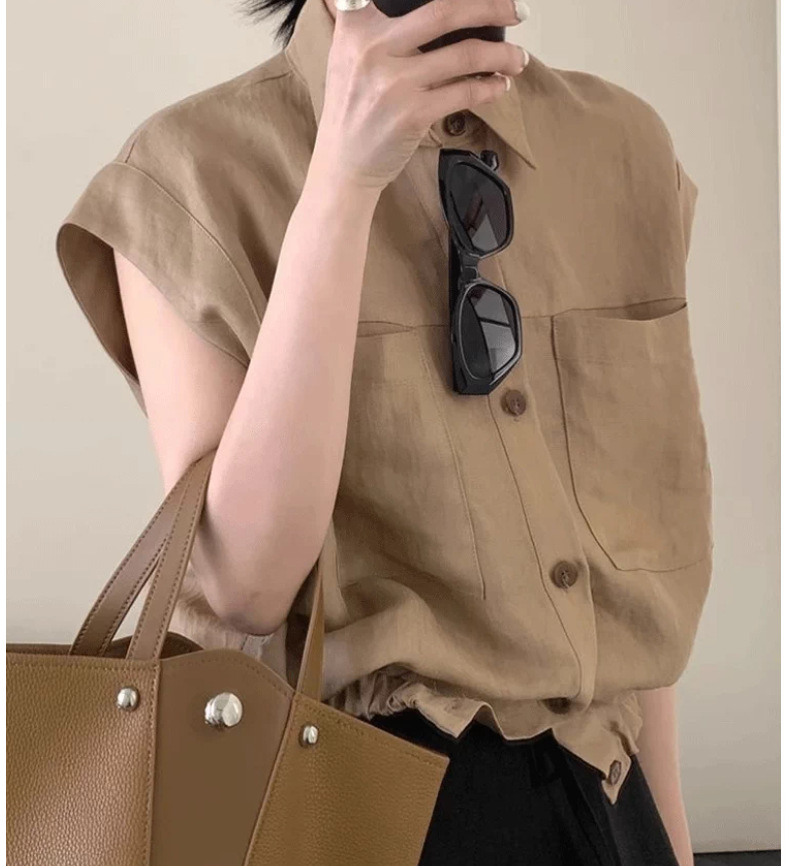 Áo sơ mi polo nữ tay ngắn cổ nhỏ tay lỡ form ôm, thiết kế phối tay lỡ thanh lịch — Màu cà phê chi tiết 3