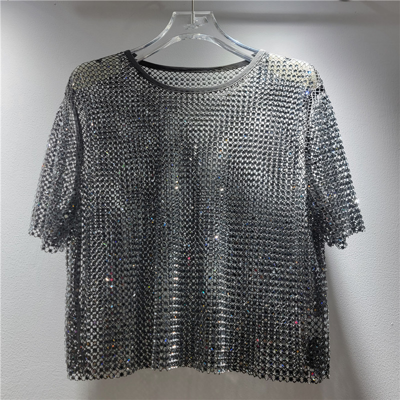 Diámetro de diamante hueco de diseño de perspectiva sensación de cuello redondo chaqueta corta delgada camiseta de mujer estilo extranjero blusa universal