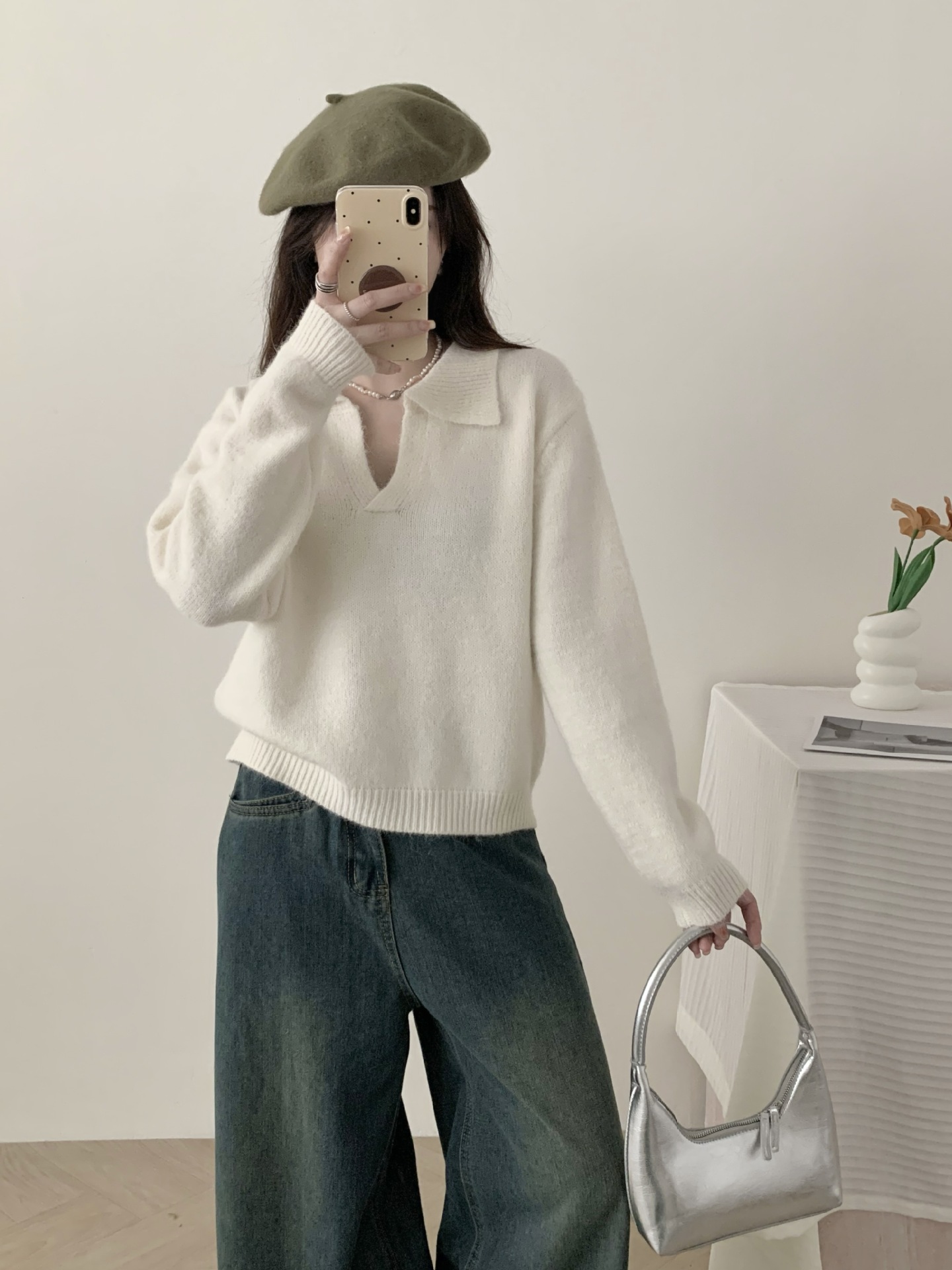 24 invierno Puyuan coreano perezoso viento suelto camiseta de punto con solapa de otoño para mujeres polo
