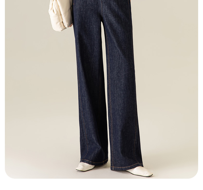 Quần jean ống rộng nữ eo cao denim đường chỉ tương phản — màu denim chi tiết 4