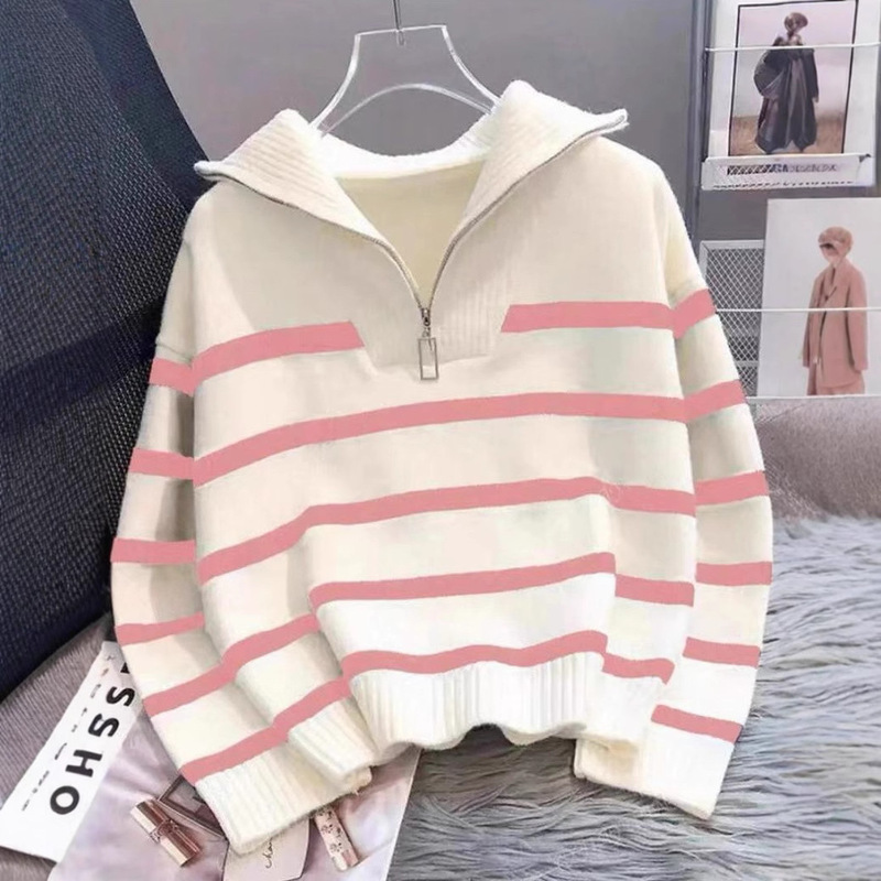 Contrast Color Stripesd Knitwear Spring & Fall Top 2025 New Loose Lazy Korean Style Pullover Urban Half-Zip Knitwear