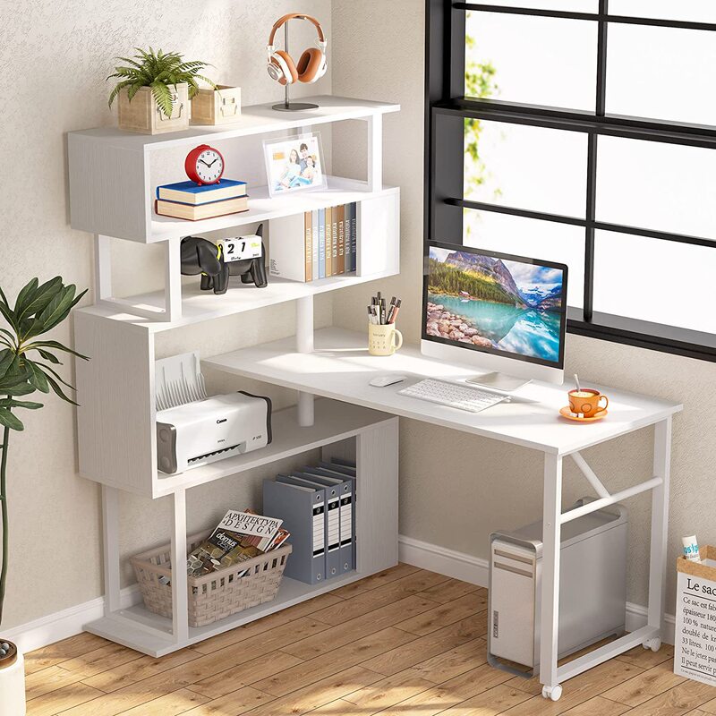 Modern L-Shaped Corner Table with Storage Cabinet, Left and Right Interchangeable Desk, Writing Desk, Rotating Computer Desk, 5-Layer Bookshelf