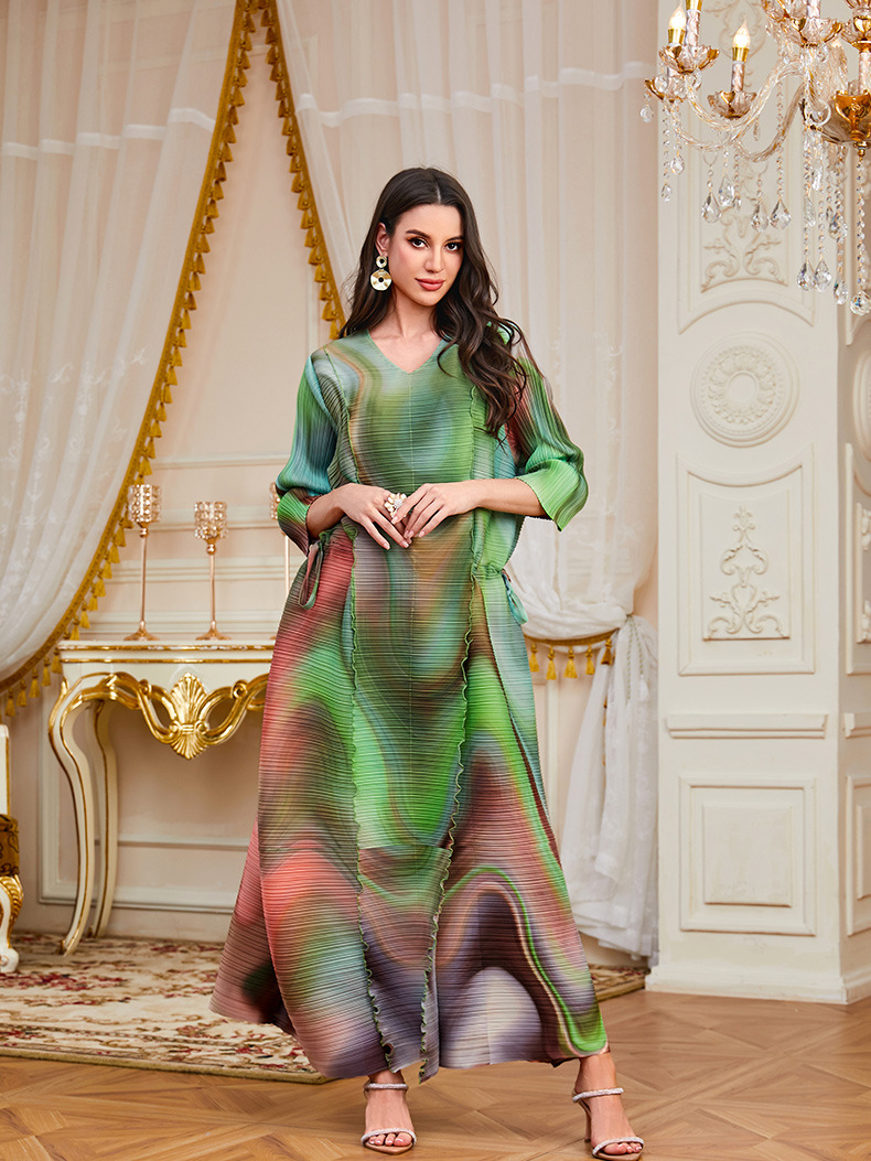 Middle Eastern Muslim Women's Clothing Foreign Trade: Saudi Arabia Dubai Printed Long Robe Abaya With Waist-Cinching_ecoleips.com