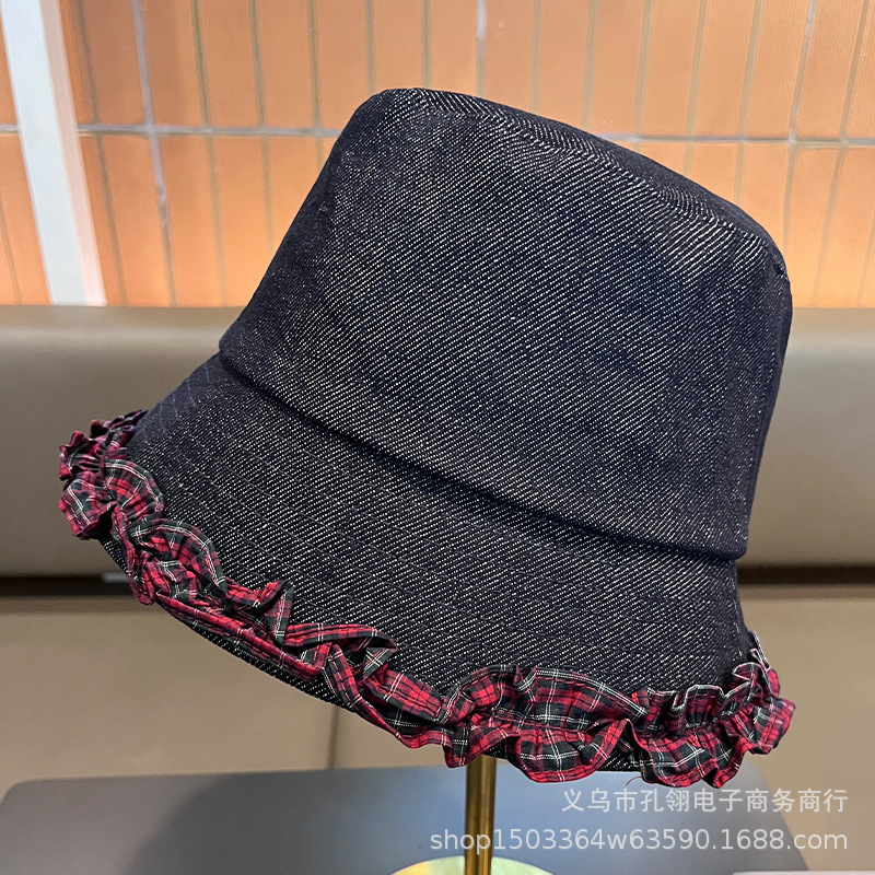 2025新款日系文艺复古格子渔夫帽女秋冬季小众设计感牛仔花边盆帽|undefined