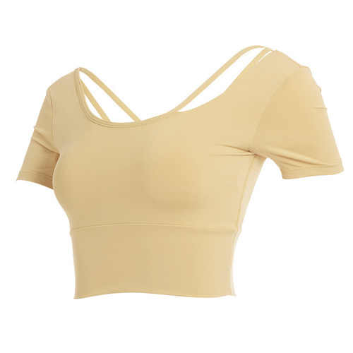 Sports Bra for Women with Padded Cup Yoga Backless Tank Top Short Sleeve T-Shirt Tight Crop Top Quick Dry Running Nylon Fitness Clothing