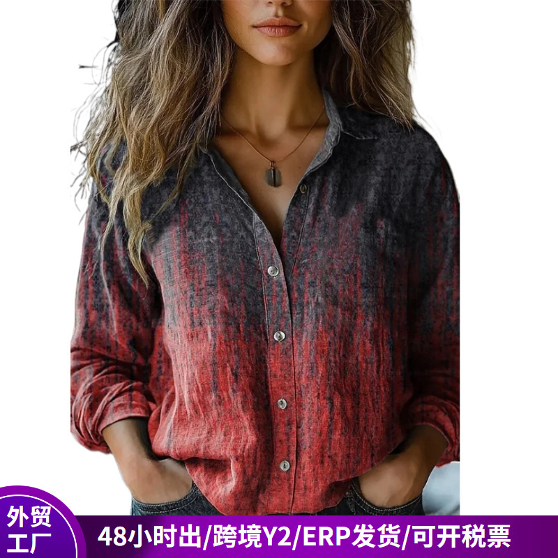2026 Cross-Border Retro Printed Long-Sleeved Shirt Imitation Cotton and Linen Shirt European and American Foreign Trade Women's Clothing Spring and Summer Cardigan Women's Clothing