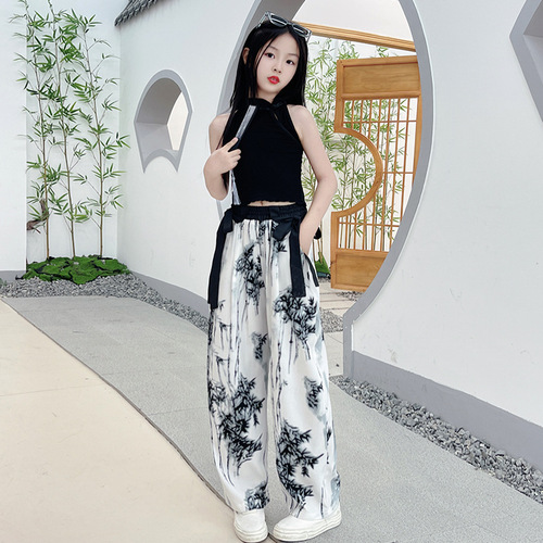 Women's Summer Outfit Set New Chinese Style Girl Tank Top Summer Thin Watercolor Wide Leg Pants Stylish Two-Piece Set