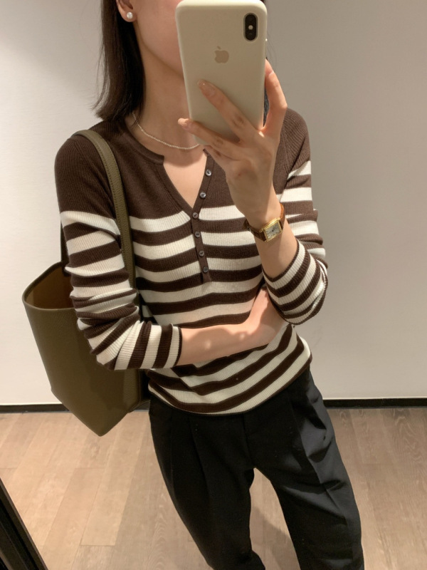 女装秋羊毛条纹打底衫亨利领气质休闲针织衫上衣撞色长袖V领毛衣|undefined