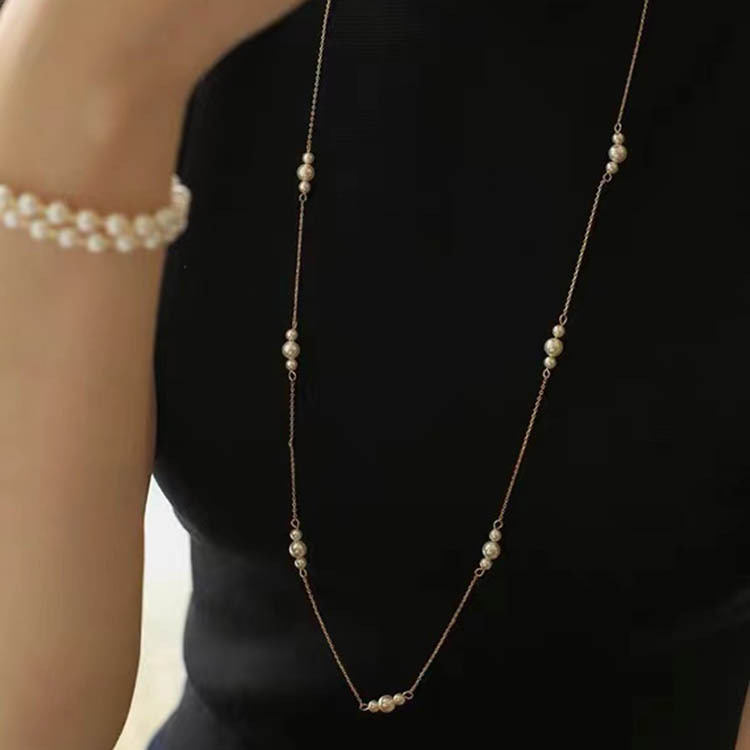 韩国风时尚个性简约潮流配饰品珍珠长款项链钛钢毛衣链外贸跨镜