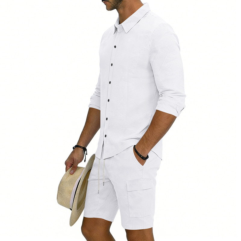 Summer Men's Linen Long Sleeved Shirt Casual Loose Fit Style With Multi Pockets Cargo Shorts Set_viptrois.com