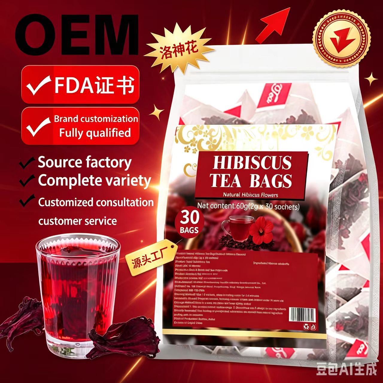 Roselle Hibiscus Tea Bags Luo Shen Hua 30 Bags x 2g Sugar Free Floral Herbal Tea 60g quality and texture