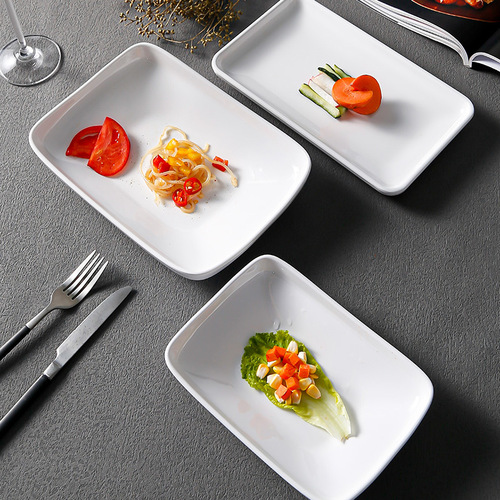A5 white melamine rectangular deep dish noodle tray for hotel commercial use, imitation porcelain plastic straight edge vegetable stir-fry plate
