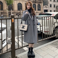 灰色双面绒大衣女2024年秋冬新款韩版宽松中长款赫本风毛呢外套卉