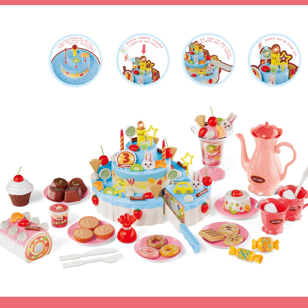 Comercio exterior niños tres capas eléctricas inducción acústica y óptica cantando fruta cortada dulce de pastel de cumpleaños juguetes caseros