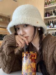 韓國23秋冬天新款奶白色仿羊羔絨漁夫帽女保暖可愛甜妹顯臉小盆帽