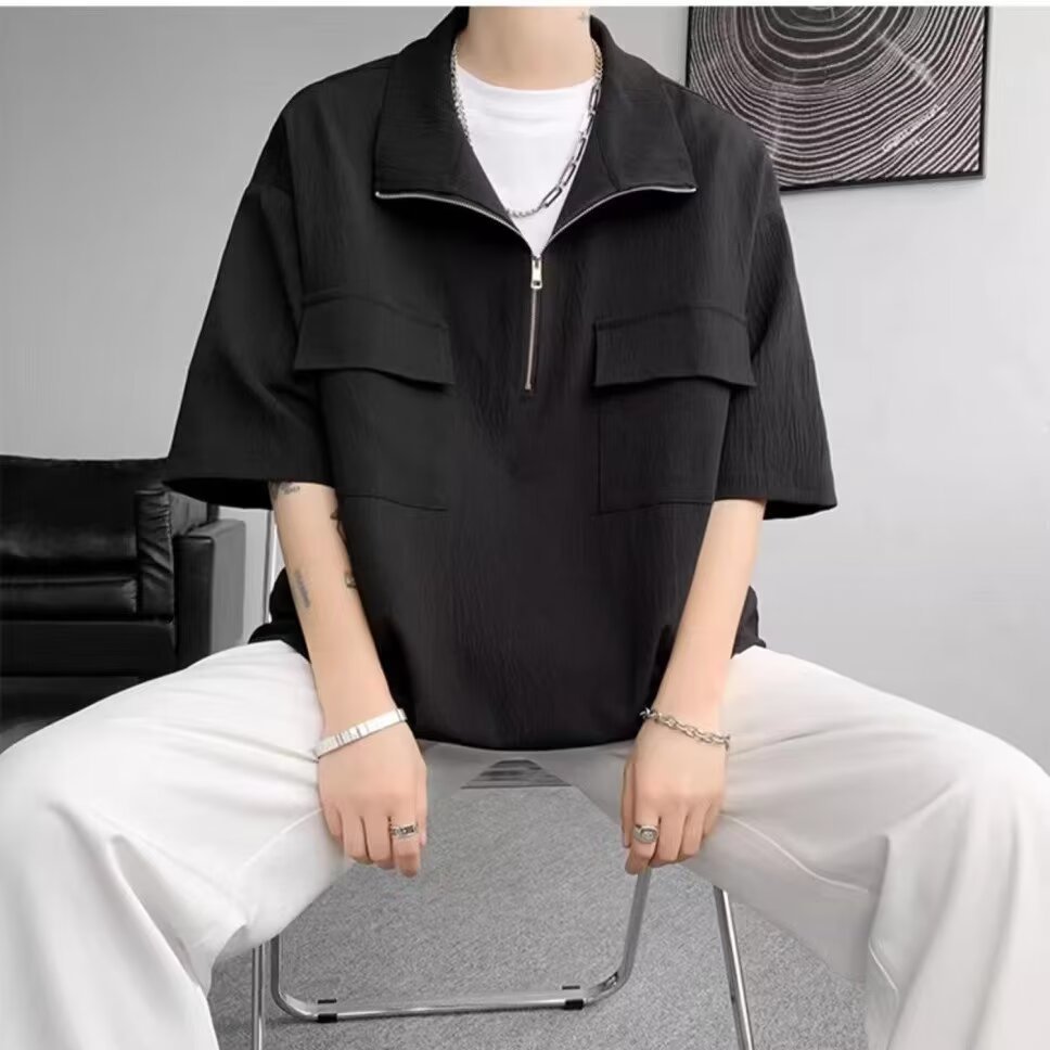 Verano con cuello plegable de verano medio cremallera camisa de manga corta hombre suelta camisa de color sólido de alto nivel polo camiseta