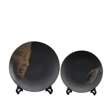 新中式禅意创意手绘佛脸黑色盘子软装饰品 客厅博古架摆件