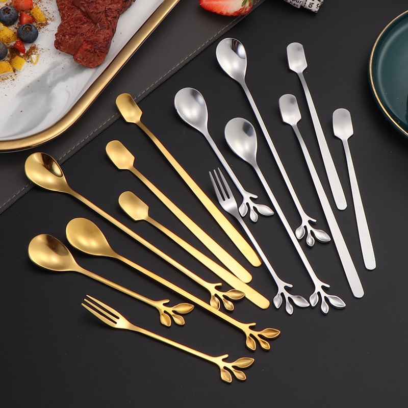 Cuchara de acero inoxidable Cuchara de hoja tenedor Cuchara de café de mango largo de cabeza cuadrada Cuchara para mezclar miel Taza cálida Taza de regalo