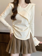 不规则v领长袖t恤女秋季新款大码胖mm打底衫遮肚子纯欲风短款上衣