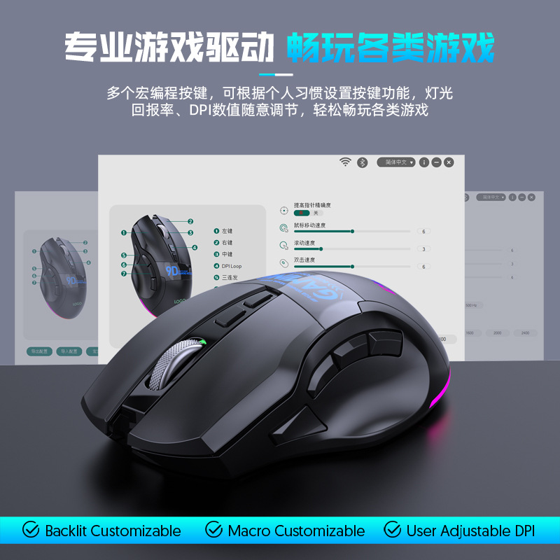 RGB9-key multi-key Bluetooth dual-mode three-channel wireless macro definition gaming mouse computer accessory, starting from one piece.