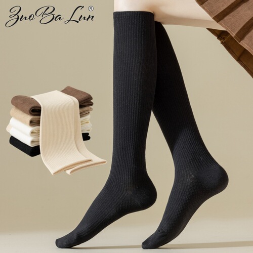 All-cotton socks for women: autumn and winter pure cotton knee-high socks, Japanese-style trendy puffy socks with massage-soled compression socks for women.