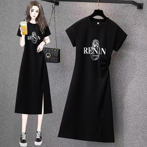 Women's Summer Dress for Plus Size, with Design Sense, Casual, Medium Long Length, Slit, Fitted, Slimming, Short-Sleeved Top and Skirt