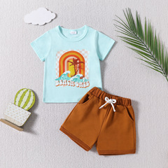 2024 Amazon New Cartoon Letter Print Short Sleeve Top Solid Color Short Sleeve Boys Summer Set
