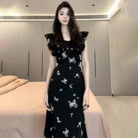 感法式小飞袖碎花连衣裙子女装2025新款夏季气质穿搭黑色长裙