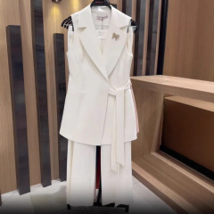 2025 ヨーロッパとアメリカの貿易クロスボーダー婦人服サマースーツノースリーブ V ネックレースアップベストハイウエストストレートパンツスーツ女性