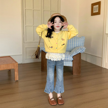 2026春季新款女童卡通短款毛线开衫+圆点打底衫+开叉牛仔裤三件套