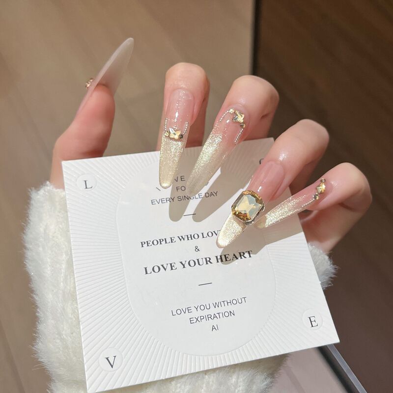 Handmade Wearable Nails, Sparkling Golden Cat-Eye Nails, Pure Whitening, High-End Nail Patches, Long Nail Patches