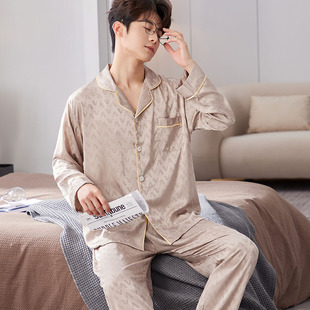 Pajamas Men's Ice Silk spring and autumn thin long-sleeved casual large V outdoor home wear men's summer silk suit