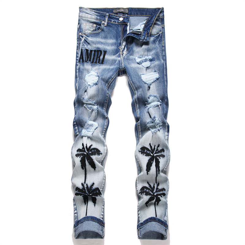 New Foreign Trade Style Washed Blue Ripped Cloth Embroidered Stretch High Street Skinny Men's Jeans Trendy 3825 New Foreign Trade Style Washed Blue Ripped Cloth Embroidered Stretch High Street Skinny Men's Jeans Trendy 3825