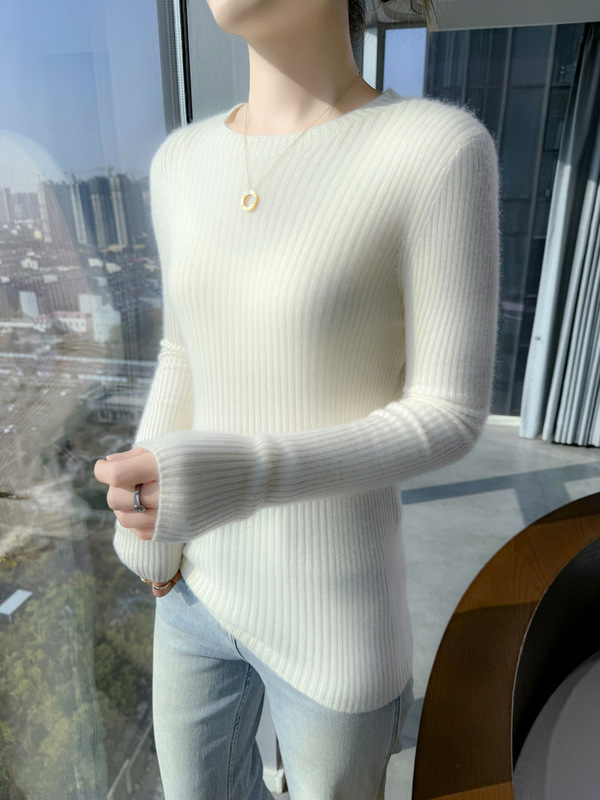 New Autumn and Winter 2025 100 Wool Round Neck Women's Long-Sleeved Pure Color Striped Pullover Slimming Look Bottoming Cashmere