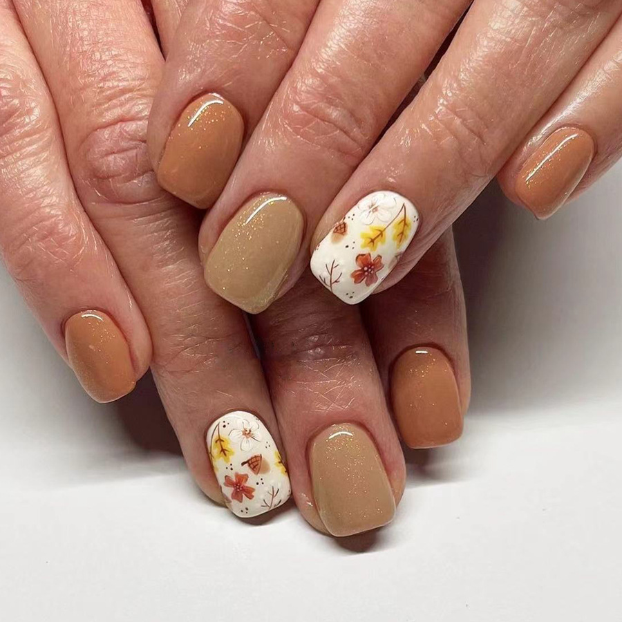 Short Bright Face Square Armor Cute Gentle Floral Solid Color Glitter Gleam Pressing Manicure for Women 24 Pieces_voghion.com