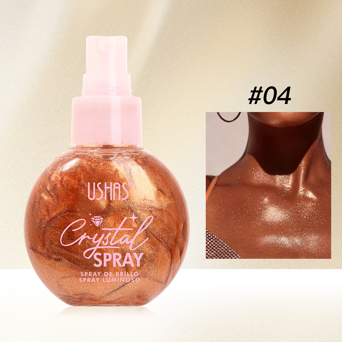 USHAS venta caliente líquido transfronterizo de alto brillo, hidratación y reparación de contenido neto de red de alto brillo spray al por mayor UC103A B