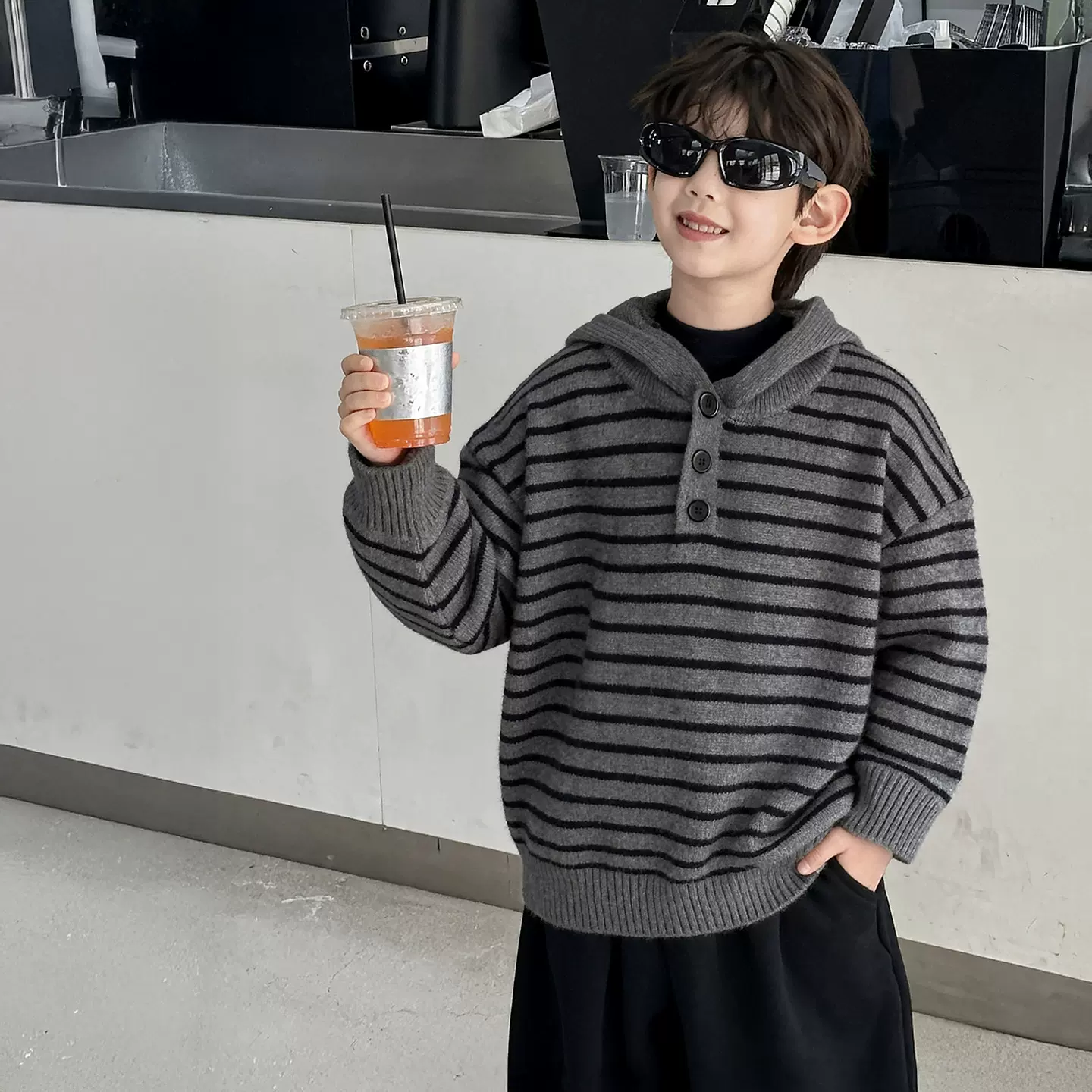 男童毛衣儿童秋季韩版2025新款保暖条纹连帽童装秋冬针织衫潮