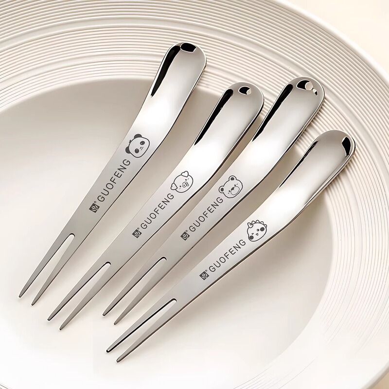 Light Luxury Fruit Fork Set Dessert Cake Mooncake Fork and Spoon Dual-Purpose Household Stainless Steel High-Value Two-Tooth Fork Wholesale