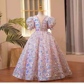 女童礼服重工2025春秋儿童生日主持人演出服花童走秀小女孩公主裙