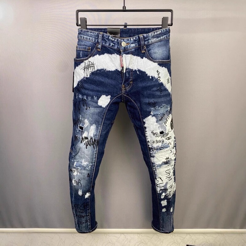 Hot selling Denim trousers men's d2 slim fit casual washed three-dimensional cutting full graffiti letter feet 2024