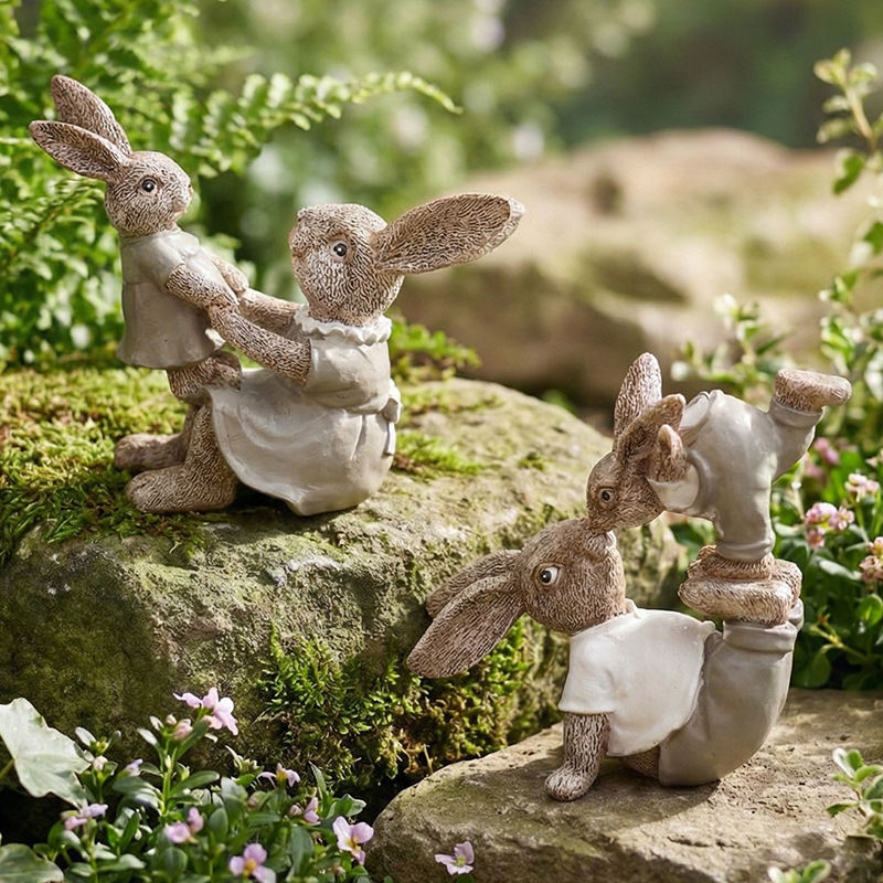 Modern Minimalist Retro Nostalgic Resin Craft Easter Parent-Child Rabbit Ornaments for Desktop and Garden Creative Children's Day Decorations