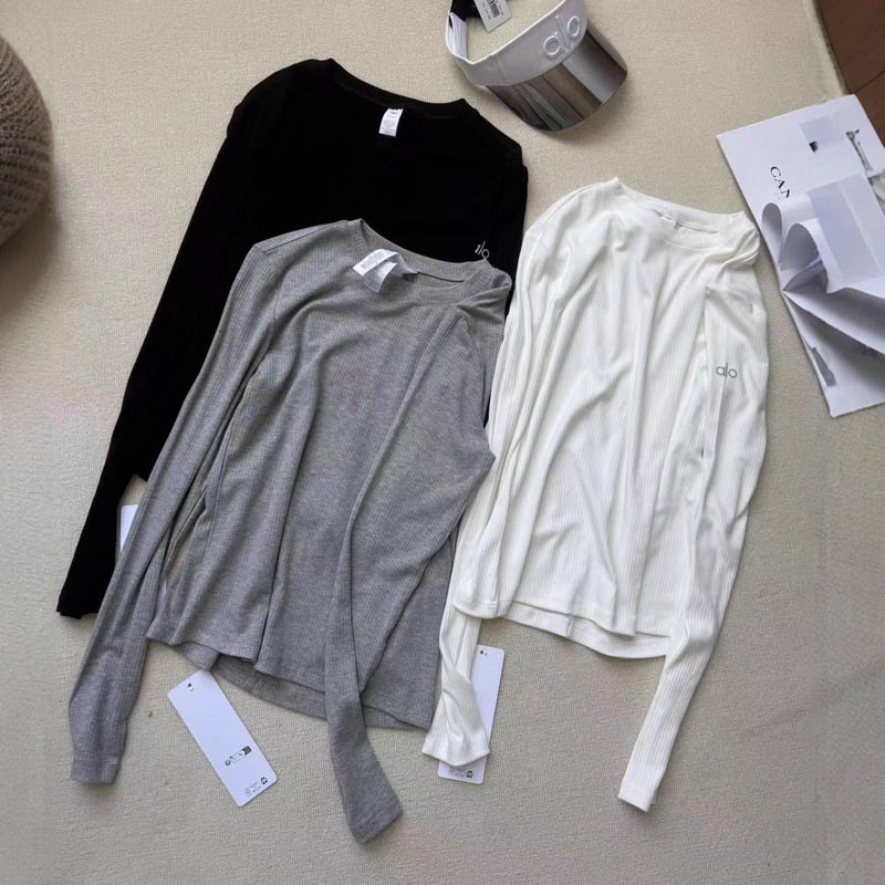 Alo Pilates Long-Sleeved Pure Cotton Base Shirt Spring T-Shirt Women's Sports Quick-Drying Ribbed Fitness Training Yoga Top Alo Pilates Long-Sleeved Pure Cotton Base Shirt Spring T-Shirt Women's Sports Quick-Drying Ribbed Fitness Training Yoga Top