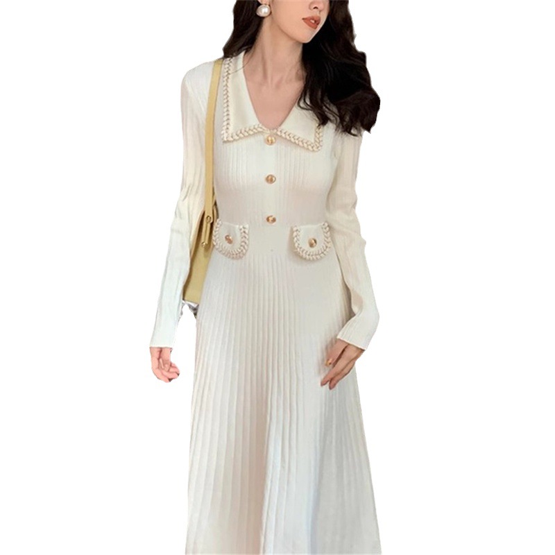 Fransk stil liten doftande stil lapel slimmad stickad klänning för kvinnor i höstdesign, slim fit slimmad hög midja lång kjol_voghion.com