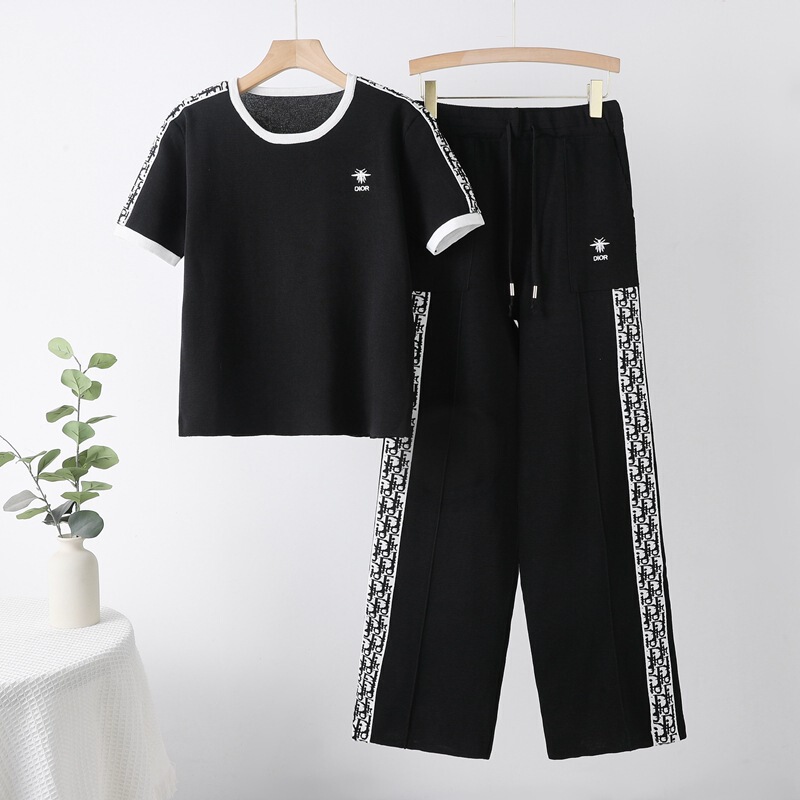 Cross-border 25 years spring and summer new small fragrant style letter round neck casual knitted T-shirt with elastic waist casual pants cover