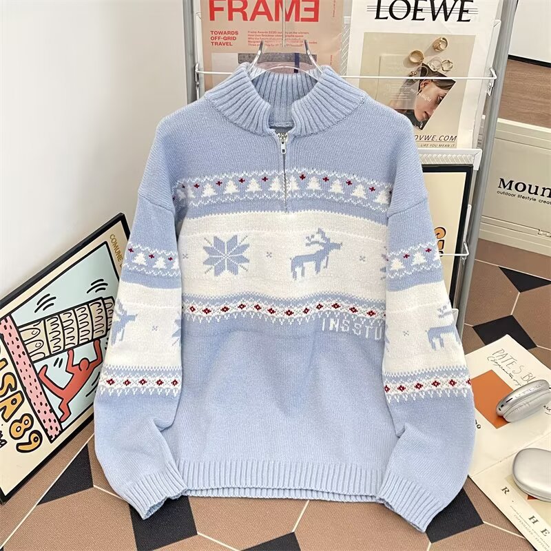 Jacquard de Navidad suelta camiseta de punto casual hombre otoño invierno relajado pareja de viento polo suéter de cuello de moda mujer