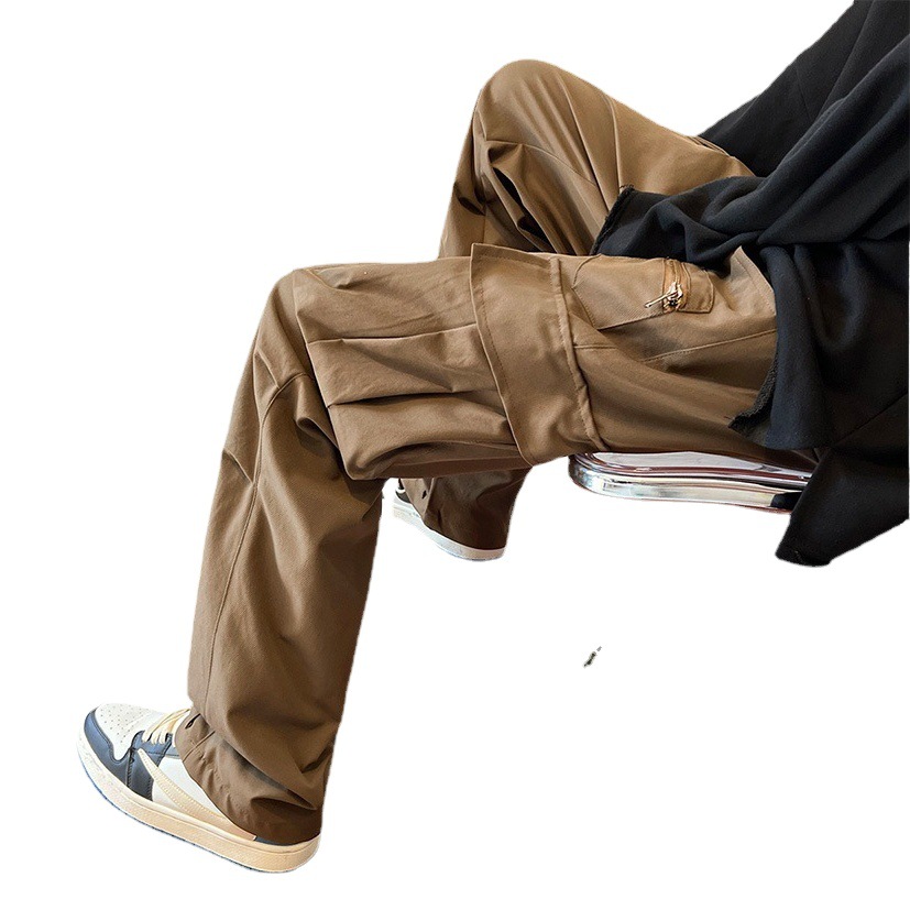 Multi-bolsillo de los guardapolvos de primavera y otoño de los hombres sueltos Pantalones rectos casuales de alta calle de la marca de moda americana pantalones funcionales